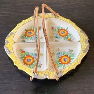 Vintage Hand Painted Ceramic Floral Pattern Rattan Handles Divided Tray